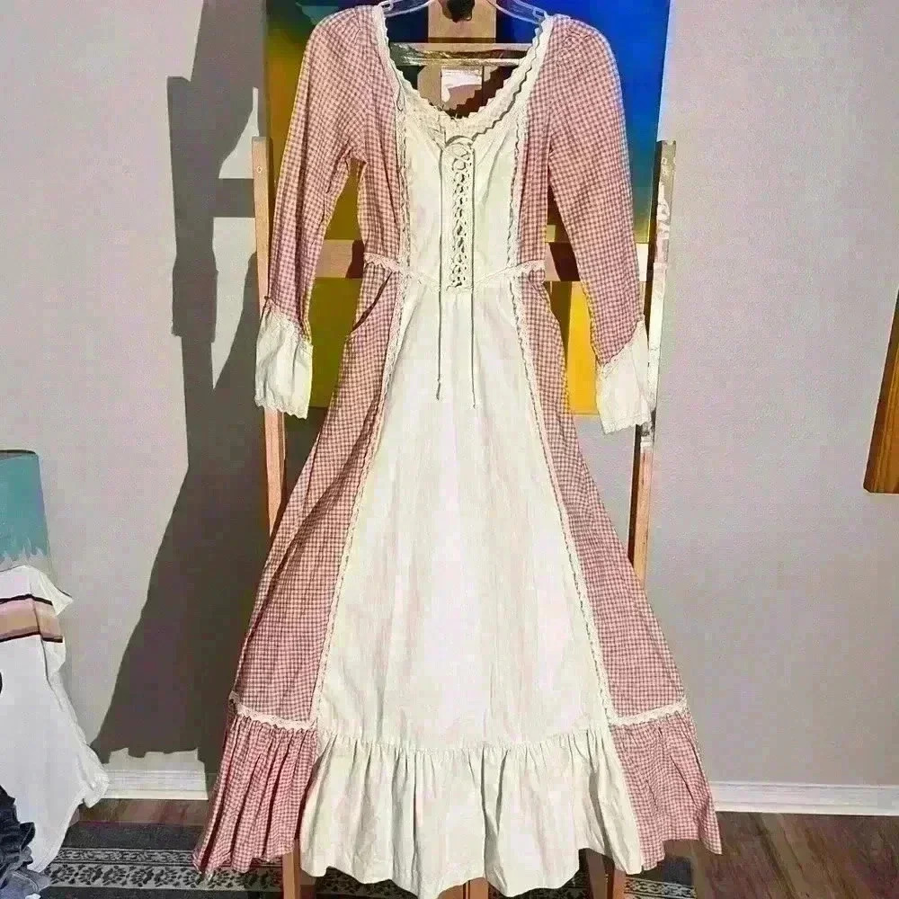 Gunne Sax By Jessica Vintage 70s Check Prairie Boho Corset Womens 5 XXS Dress - Picture 1 of 7